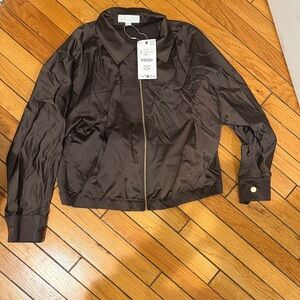 Zara Dark Brown Satin Zip-Front Bomber Jacket